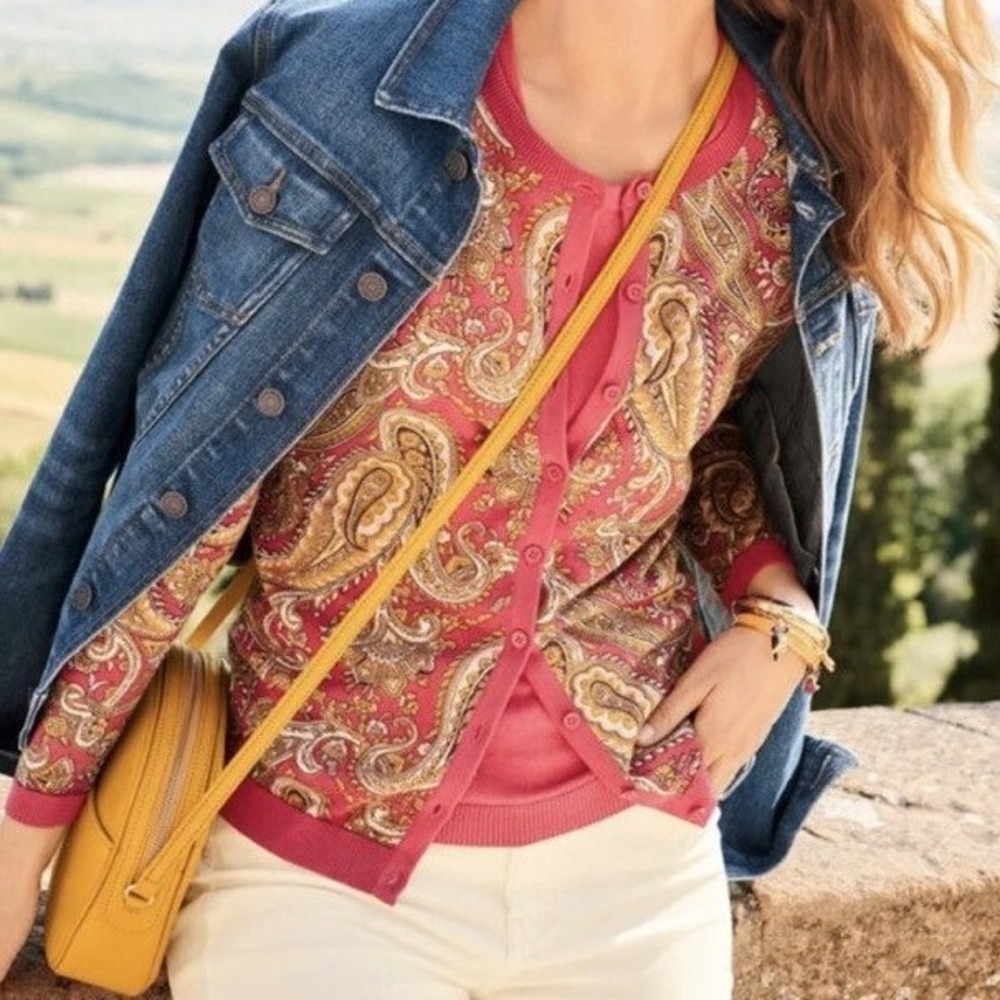 Talbots Pink Paisley Cotton Blend Button Front Cardigan Sweater Small
